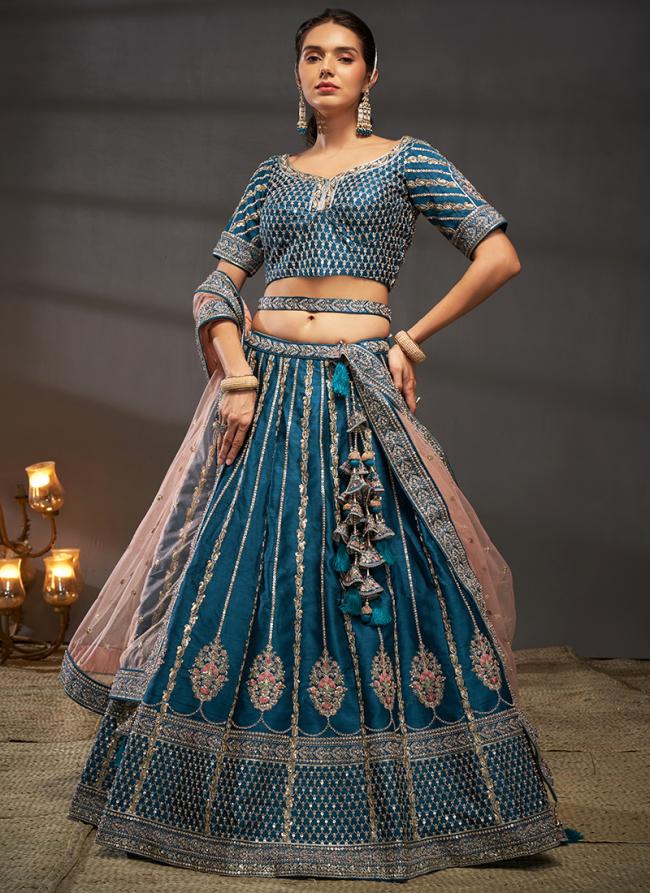 Silk Teal Wedding Wear Sequins Work Lehenga Choli